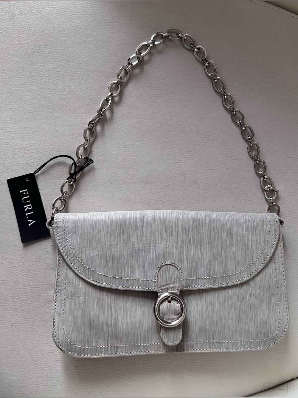 Furla Texturized silver grey Leather Small Shoulder Bag Grey